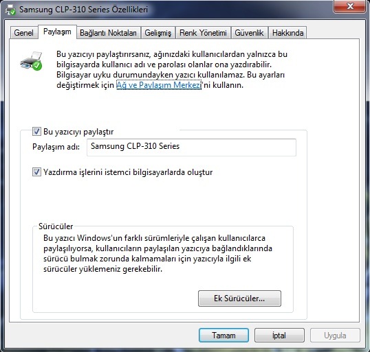 Yazıcı Paylaşıma Açma
