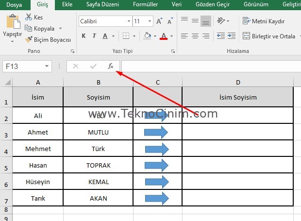 Excel Birleştir Formülü