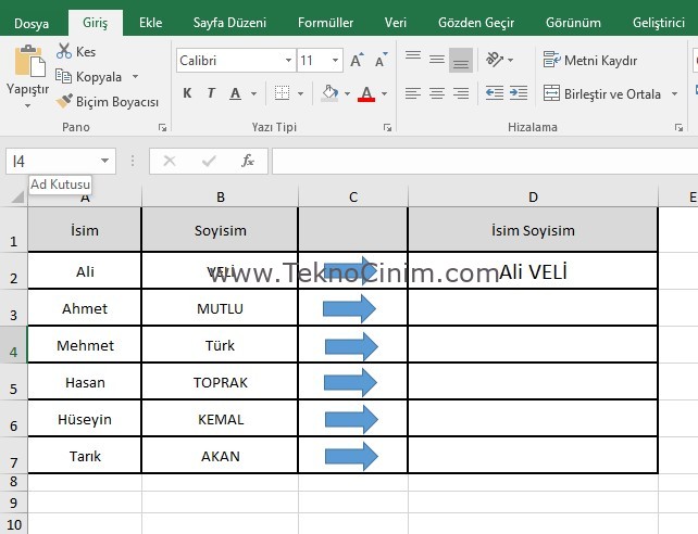 Excel Birleştir Formül
